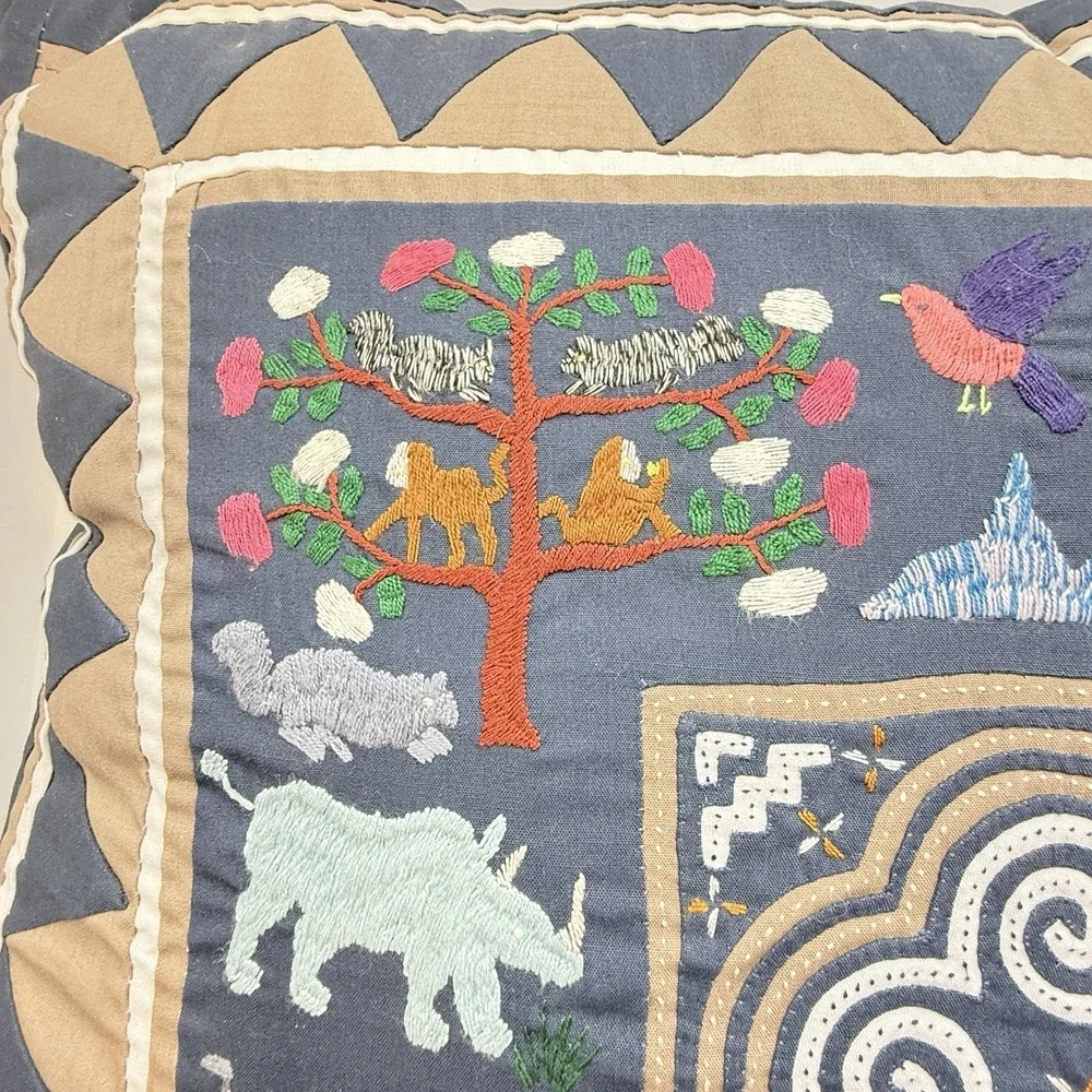 Hmong Story Cloth Paj Ntaub Pillow Cover Hand Embroidered Textile Art 18x18